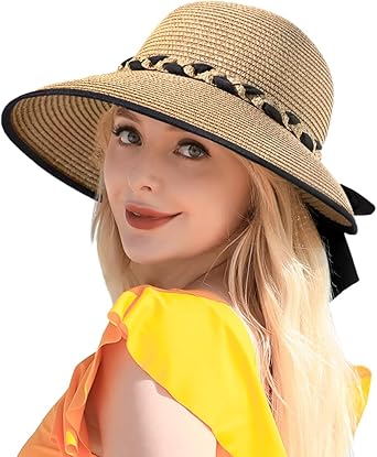 Beach Sun Straw Hats for Women, UPF 50+ UV Sun Protection Wide Brim Summer Straw Hat Foldable Packable Roll up Cap