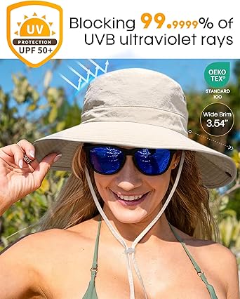 Sun Hats for Women Ponytail UPF 50+ Beach Summer Hat Wide Brim Packable Cowboy Hat