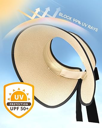 Sun Visors for Women Wide Brim Beach Hat Foldable Straw Visor Hat Ponytail Summer Packable UPF 50+