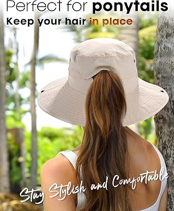 Sun Hats for Women Ponytail UPF 50+ Beach Summer Hat Wide Brim Packable Cowboy Hat