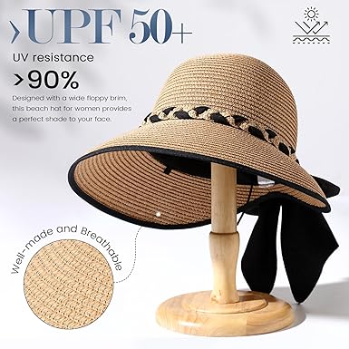 Beach Sun Straw Hats for Women, UPF 50+ UV Sun Protection Wide Brim Summer Straw Hat Foldable Packable Roll up Cap