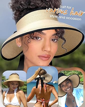 Sun Visors for Women Wide Brim Beach Hat Foldable Straw Visor Hat Ponytail Summer Packable UPF 50+