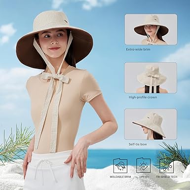 Women's Striped Sun Hat, Wide Brim, UPF 50+ UV Blocking, Breathable Outdoor Bucket Hat