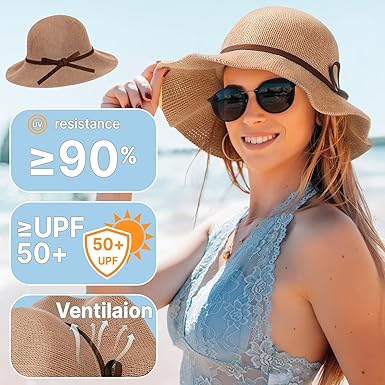 Sun Beach Hats for Women, Summer UPF 50+ UV Sun Protection Wide Brim Woven Hat Foldable Packable Knitted Cap