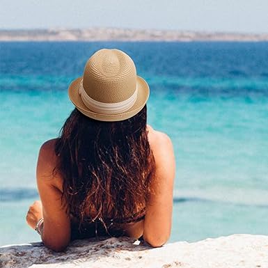 Women Straw Panama Hat Travel Fedora Beach Sun Hat Summer Wide Brim Straw Roll up Hats UPF 50+