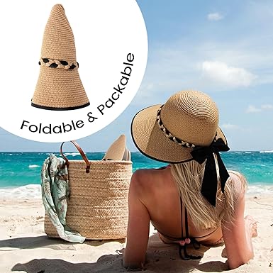 Beach Sun Straw Hats for Women, UPF 50+ UV Sun Protection Wide Brim Summer Straw Hat Foldable Packable Roll up Cap