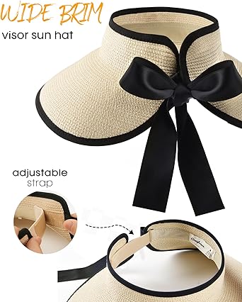 Sun Visors for Women Wide Brim Beach Hat Foldable Straw Visor Hat Ponytail Summer Packable UPF 50+